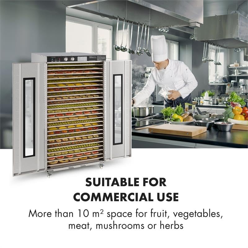 Klarstein Dörrautomat Edelstahl – 4.000-W-Dörrgerät, 48 Edelstahl-Einlegeböden, 30–90 °C, 24-Stunden-Timer, 6 Ventilatoren, 2 Trockenkammern, 50–55 dB, ideal für Obst, Gemüse, Fleisch, Kräuter, Silber