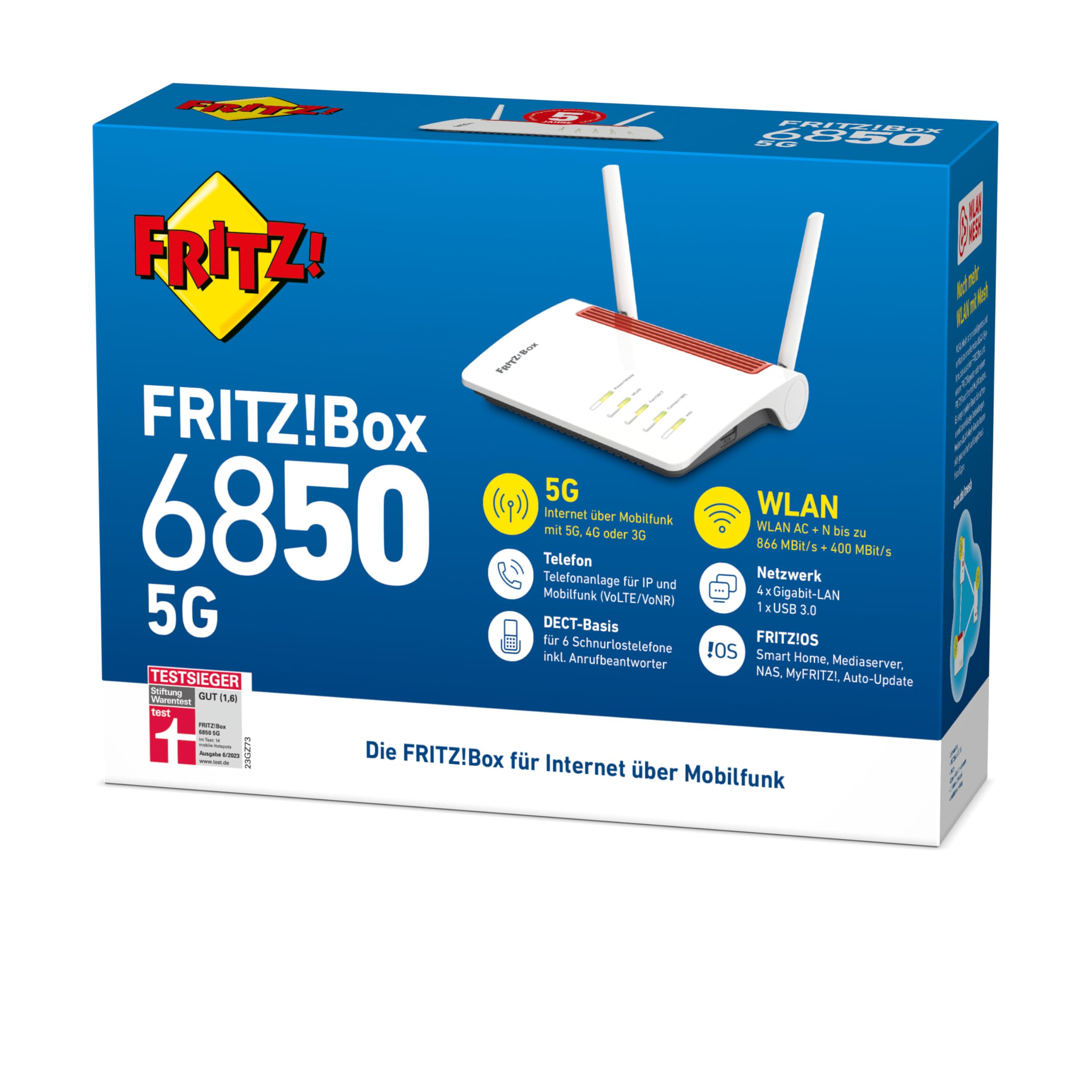 FRITZ!Box 6850 5G – LTE/5G-Router mit WLAN AC+N, DECT, USB 3.0 & 4x LAN