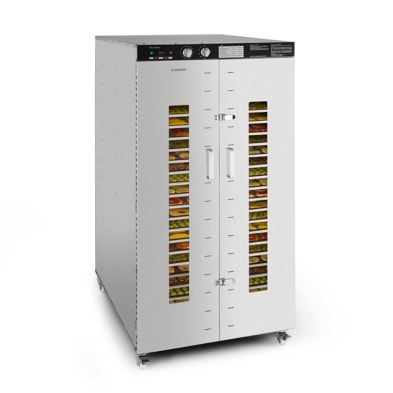 Klarstein Dörrautomat Edelstahl – 4.000-W-Dörrgerät, 48 Edelstahl-Einlegeböden, 30–90 °C, 24-Stunden-Timer, 6 Ventilatoren, 2 Trockenkammern, 50–55 dB, ideal für Obst, Gemüse, Fleisch, Kräuter, Silber