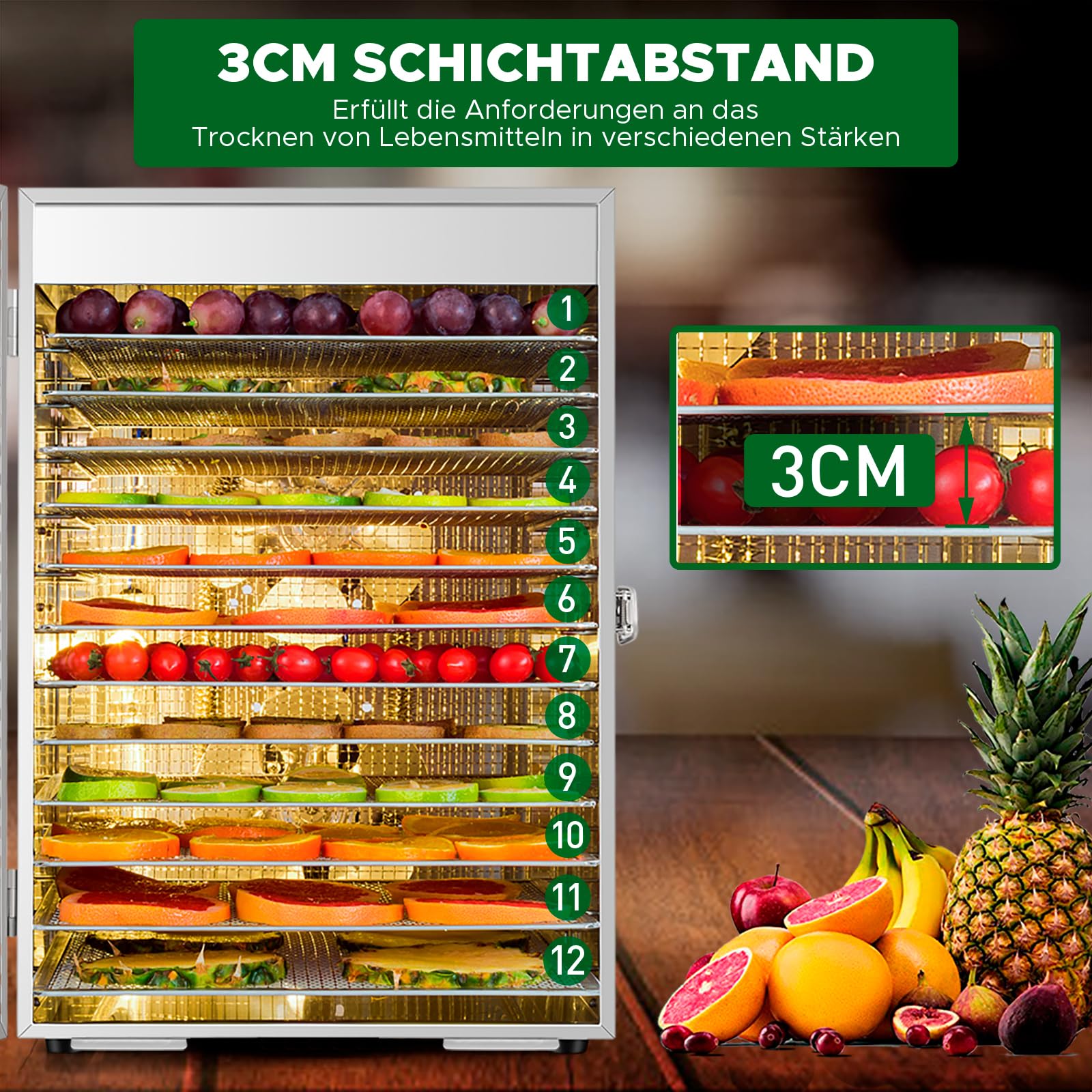 Kwasyo Dehydrator Stainless Steel, Double Fan 360° Efficient Dry, Dehydrator 12 Levels, 20-90°C Temperature Control, 24 Hour Timer, Overheating Protection, Recipe Book for Meat, Fruit, Vegetables,